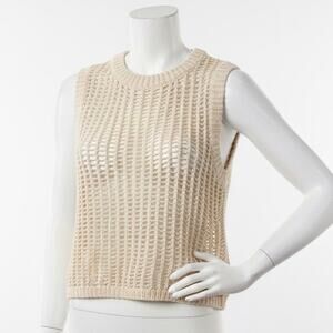 Miou Muse Open Knit Crocheted Sleeveless Sweater Vest Top S Beige 100% Cotton